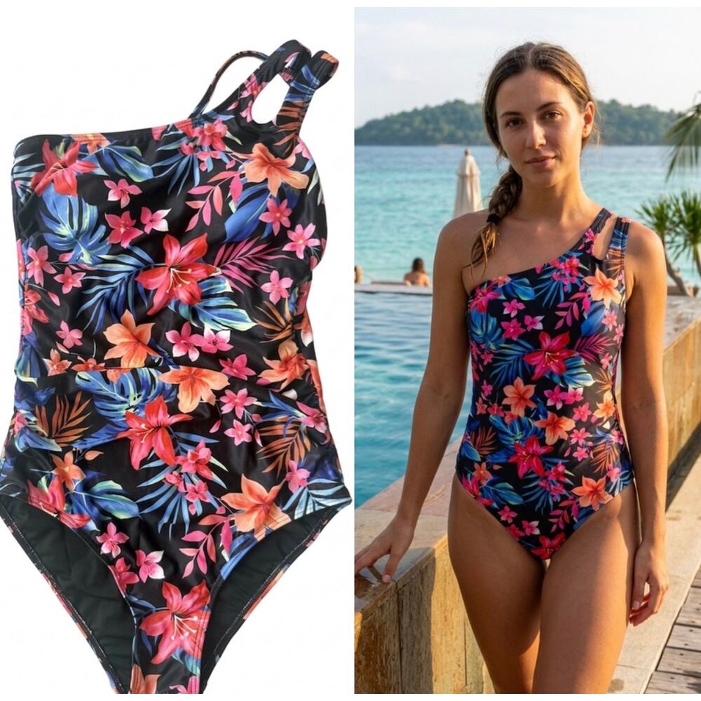 NWT Tropical Floral One Shoulder Cutout One Piece Swimsuit Medium